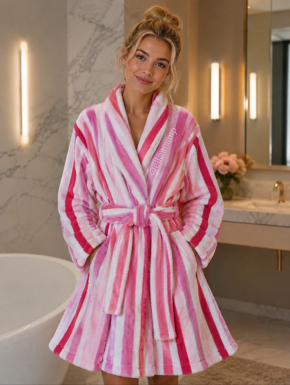 Capelli NY Size L Bath Robe Plush Teddy Short Wrap Pink Stripes